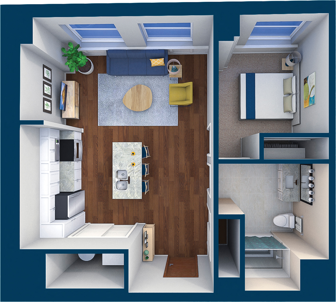 Floor plan for 1 bed, 1 bath, 735 sqft
