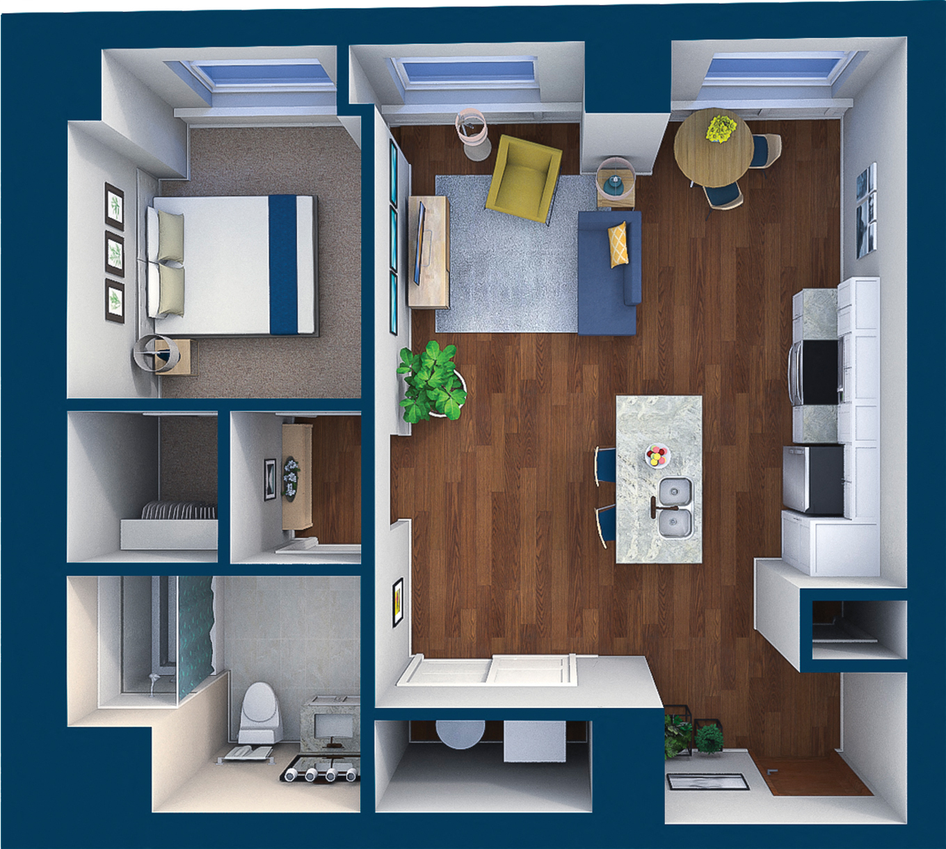 Floor plan for 1 bed, 1 bath, 760 sqft