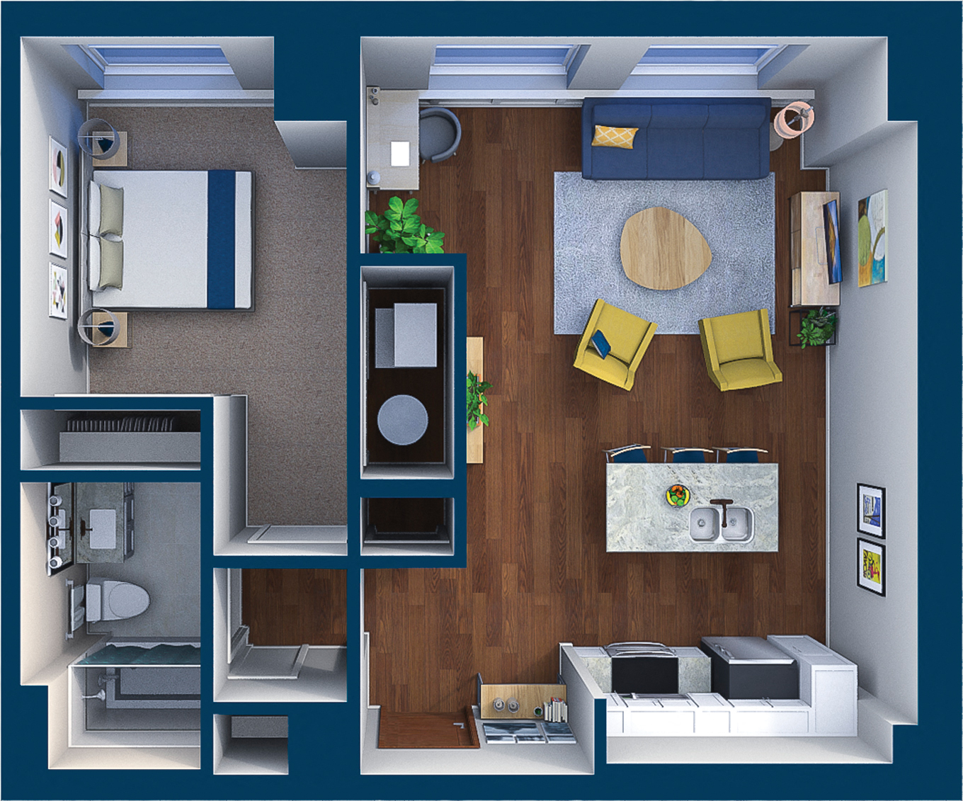 Floor plan for 1 bed, 1 bath, 755 sqft