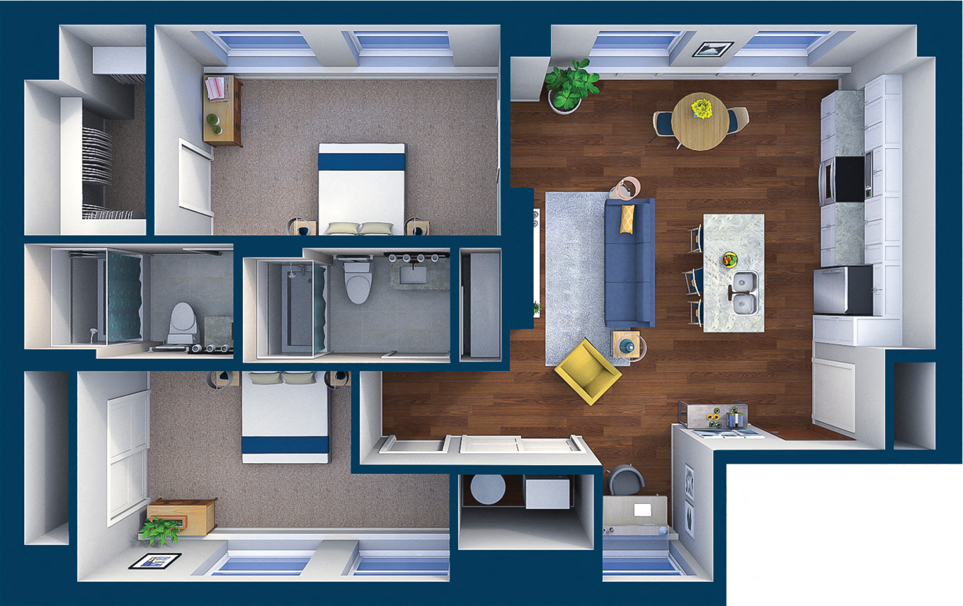 Floor plan for 2 beds, 2 baths, 1085 sqft