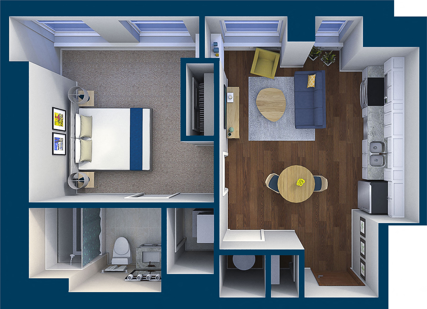 Floor plan for 1 bed, 1 bath, 585 sqft