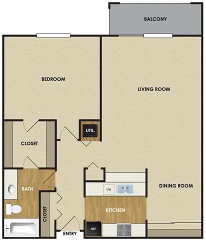 Floor plan for 1 bed, 1 bath, 905 sqft