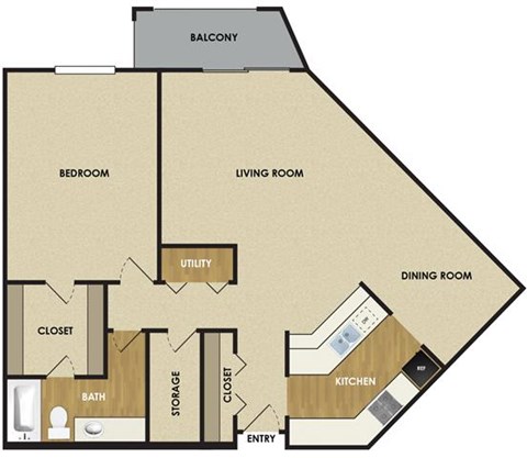 Floor plan for 1 bed, 1 bath, 1025 sqft