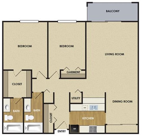 Floor plan for 2 beds, 2 baths, 1120 sqft