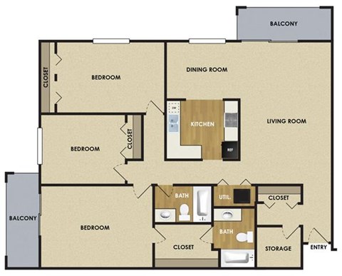 Floor plan for 3 beds, 2 baths, 1390 sqft
