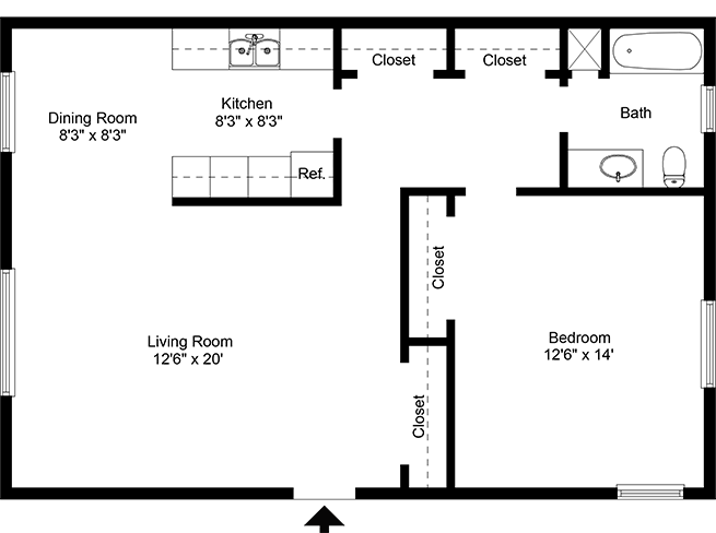 Floor plan for 1 bed, 1 bath, 760 sqft