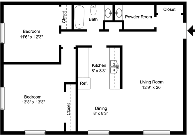 Floor plan for 2 beds, 1.5 baths, 912 sqft