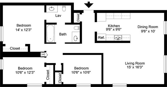 Floor plan for 3 beds, 1.5 baths, 1170 sqft