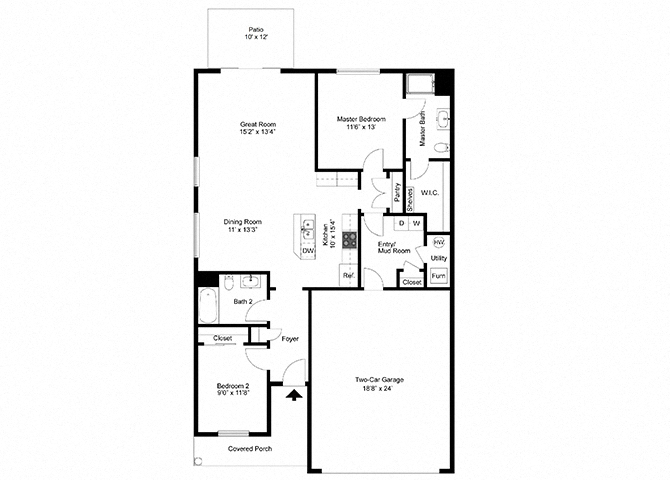 Floor plan for 2 beds, 2 baths, 1266 sqft