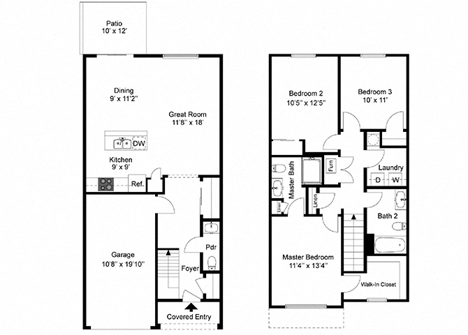 Floor plan for 3 beds, 2.5 baths, 1385 sqft