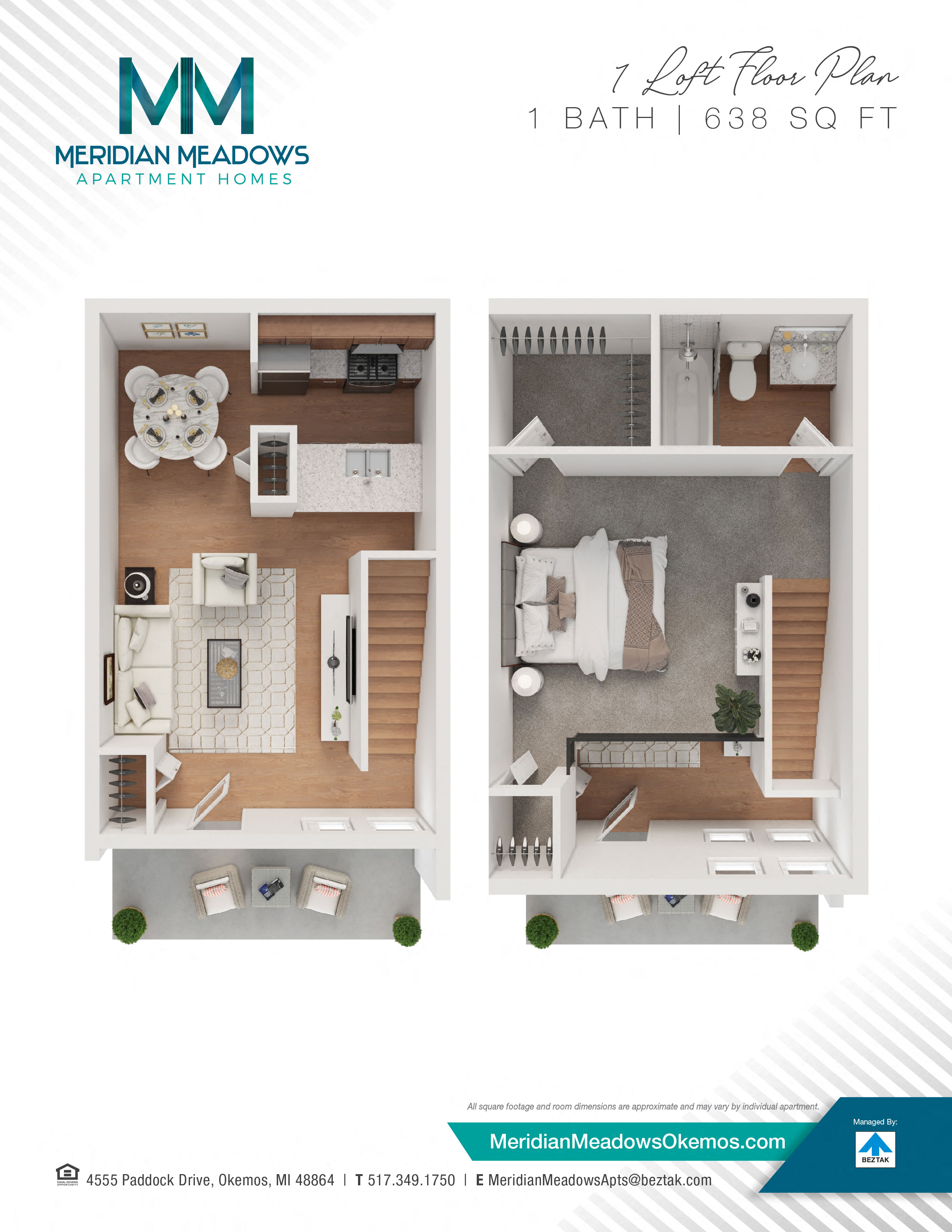 Floor plan for 1 bed, 1 bath, 638 sqft