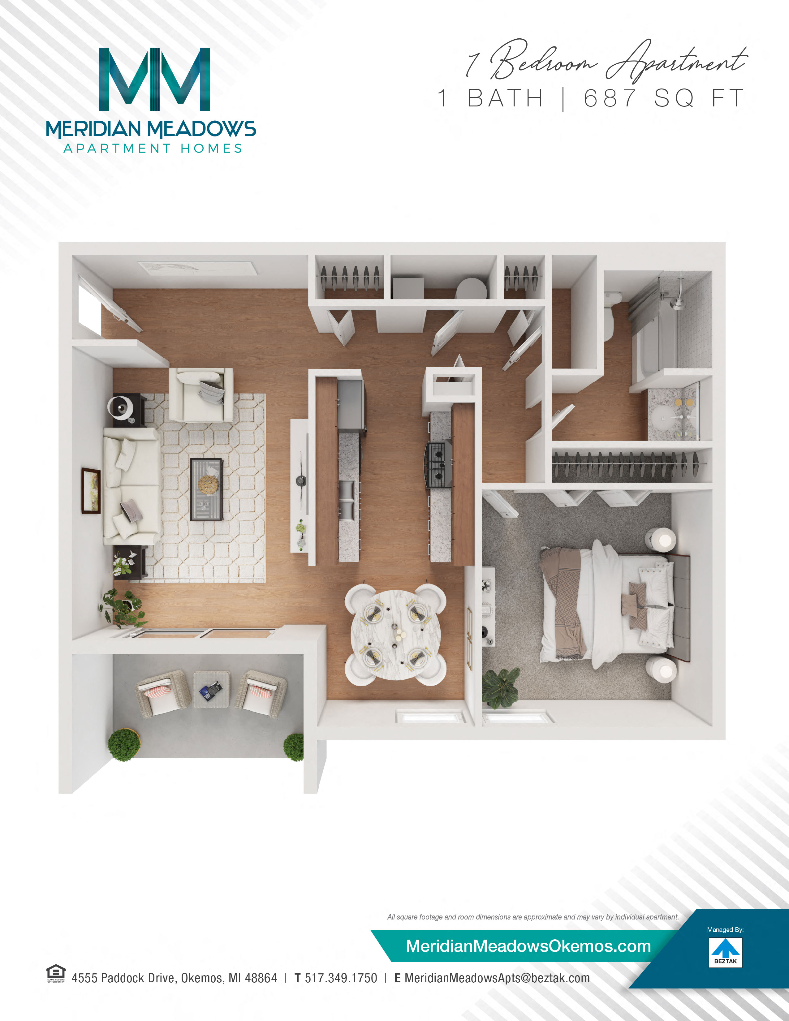 Floor plan for 1 bed, 1 bath, 687 sqft