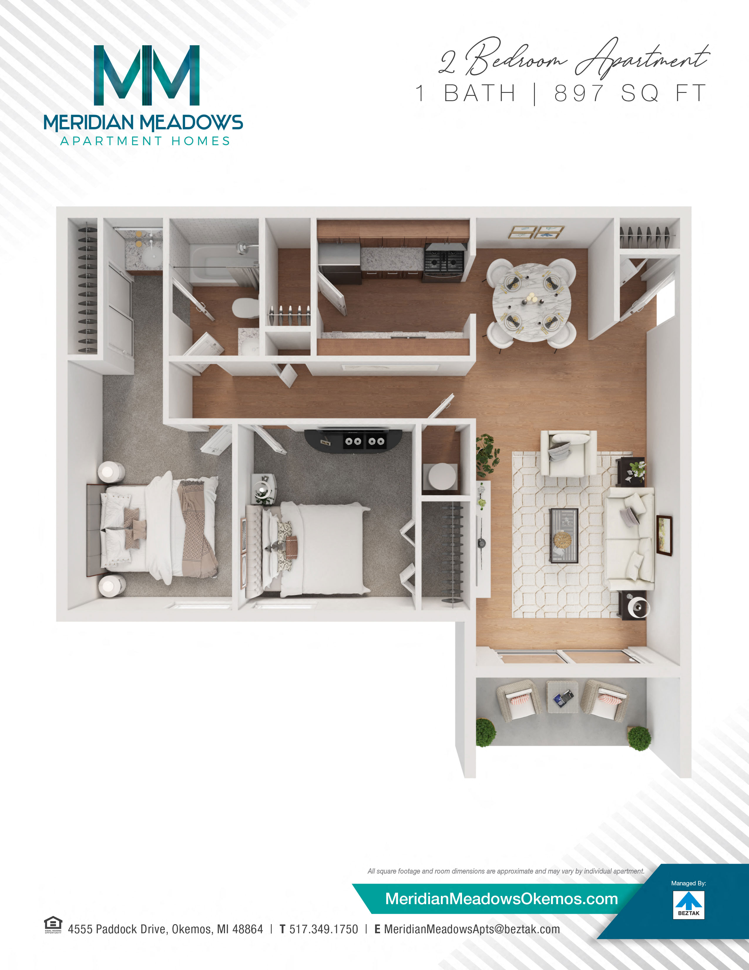 Floor plan for 2 beds, 1 bath, 897 sqft