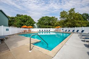 Okemos townhouse for rent - A large outdoor swimming pool surrounded by lounge chairs and umbrellas.