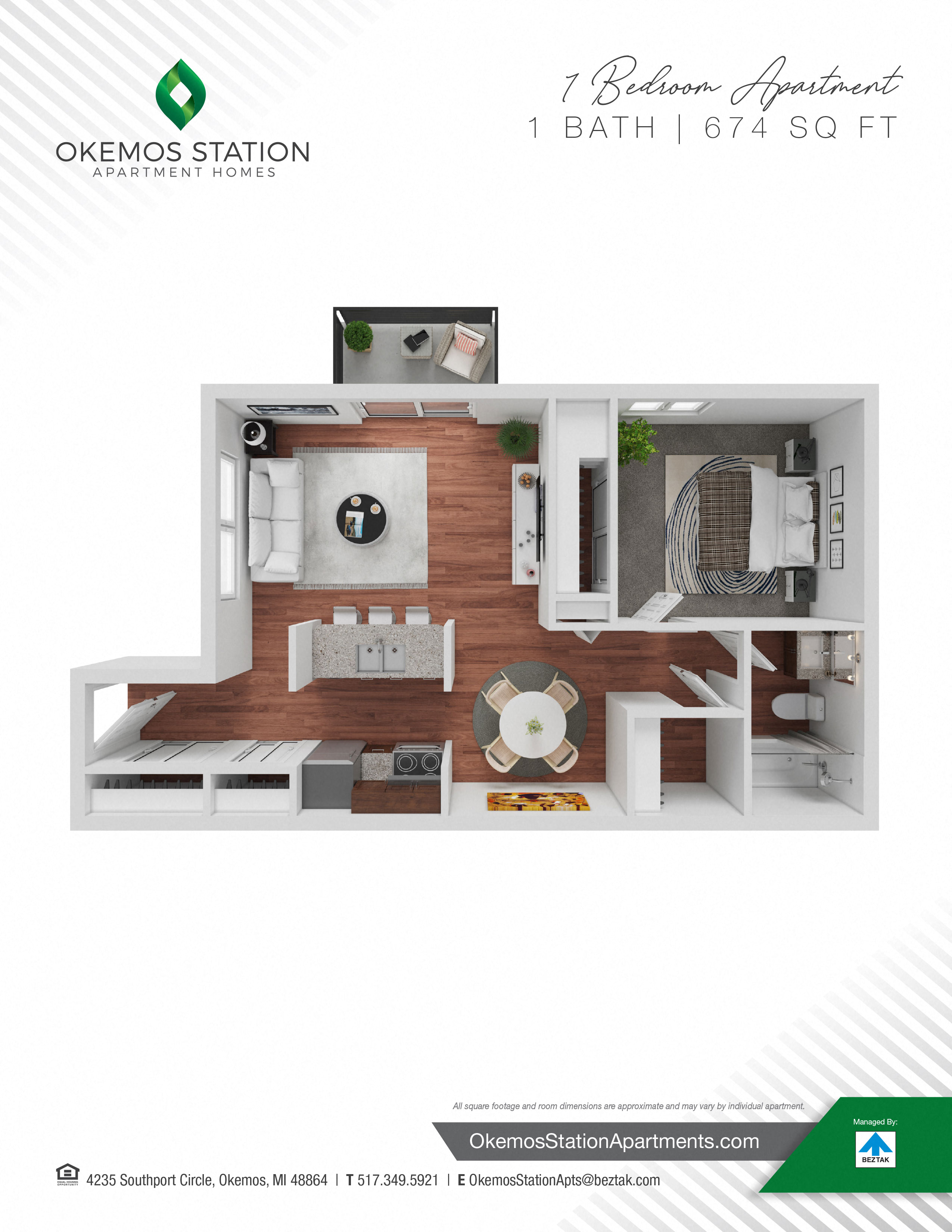 Floor plan for 1 bed, 1 bath, 674 sqft