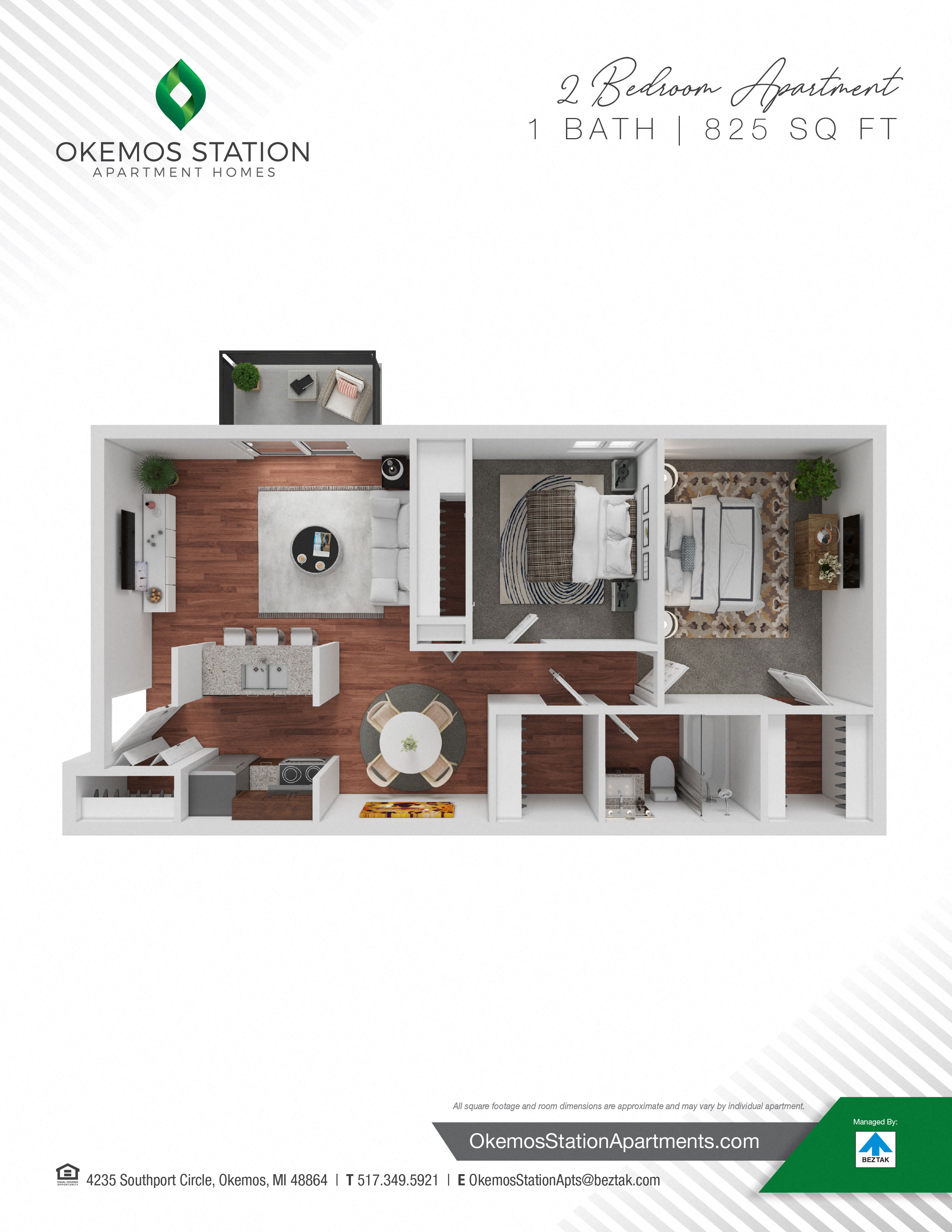 Floor plan for 2 beds, 1 bath, 825 sqft