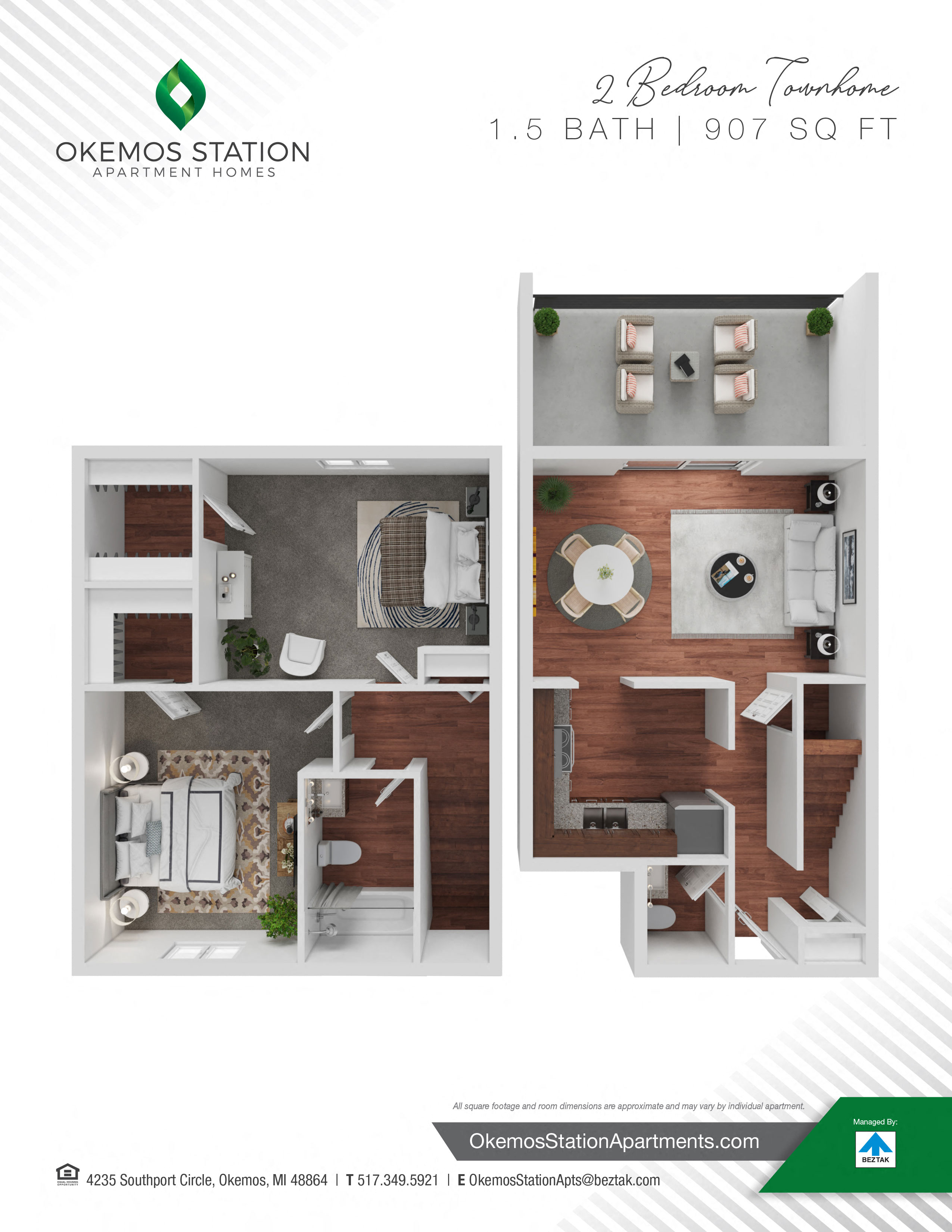 Floor plan for 2 beds, 1.5 baths, 907 sqft