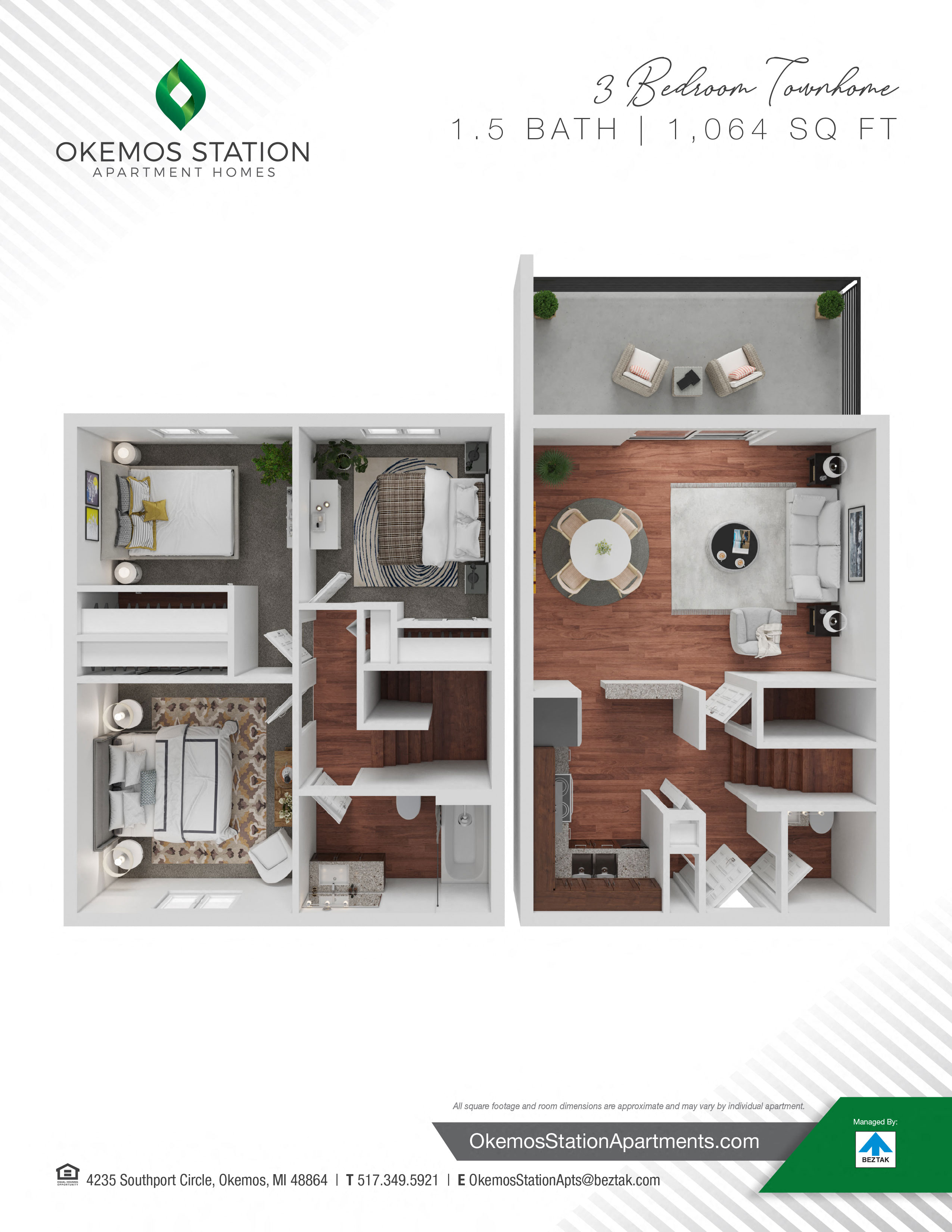 Floor plan for 3 beds, 1.5 baths, 1064 sqft