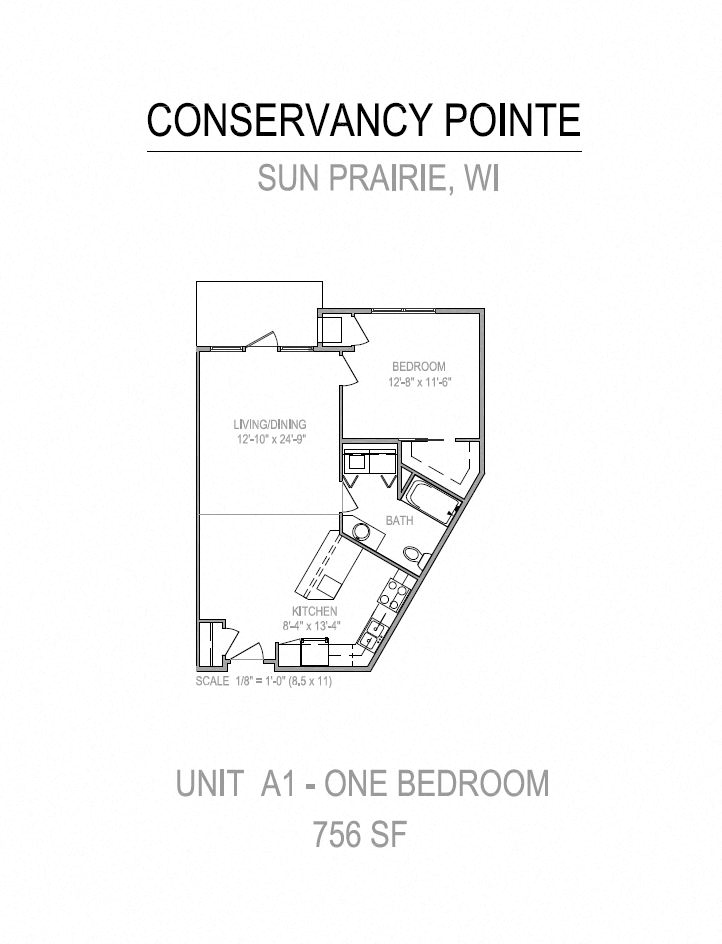 Floor plan for 1 bed, 1 bath, 756 sqft