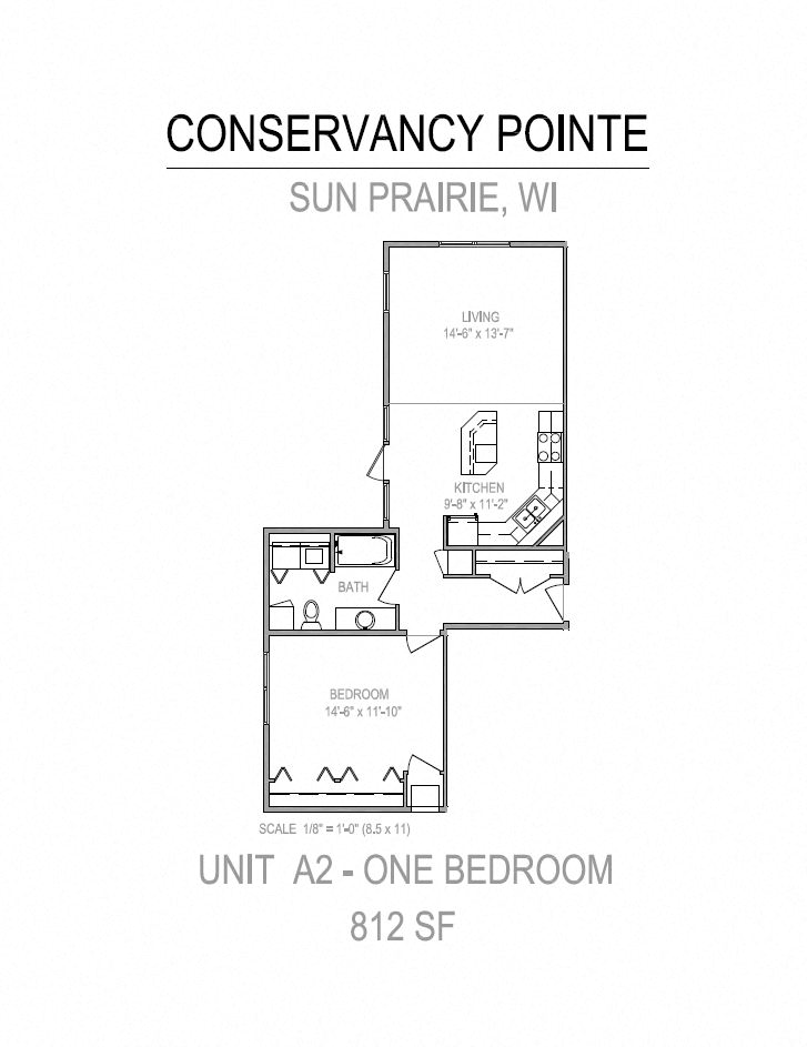 Floor plan for 1 bed, 1 bath, 812 sqft