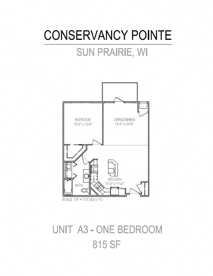 Floor plan for 1 bed, 1 bath, 815 sqft