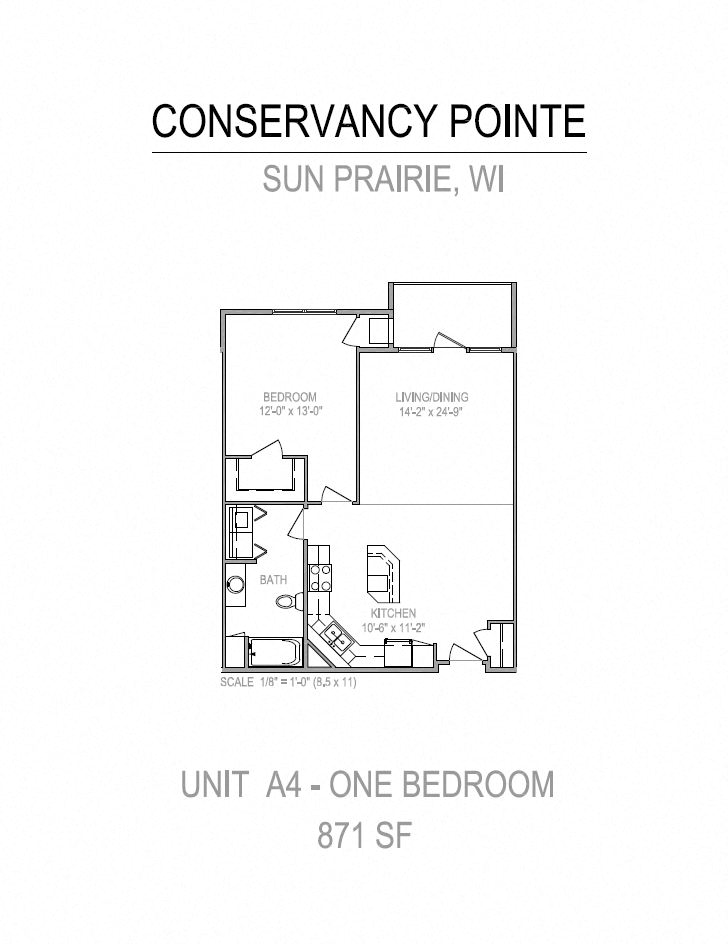 Floor plan for 1 bed, 1 bath, 871 sqft
