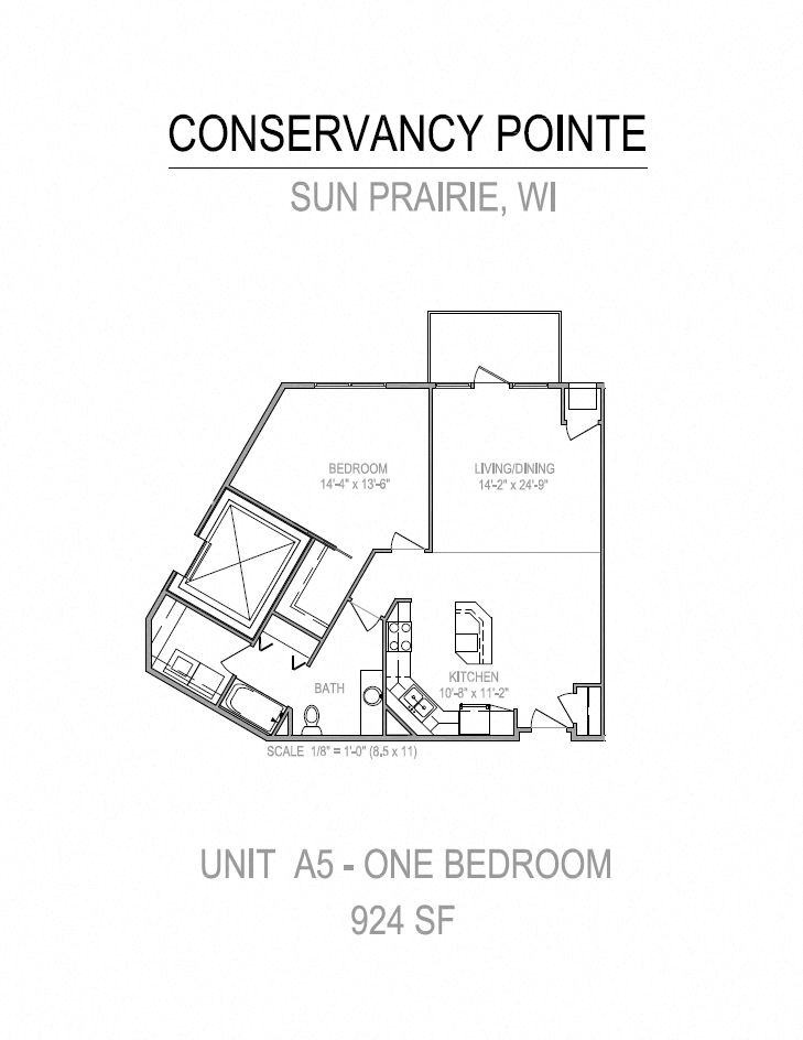 Floor plan for 1 bed, 1 bath, 924 sqft