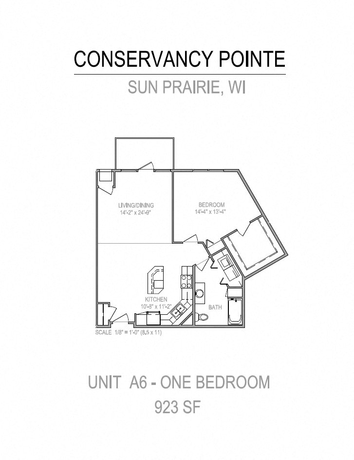 Floor plan for 1 bed, 1 bath, 923 sqft