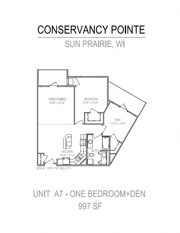 Floor plan for 2 beds, 1 bath, 997 sqft