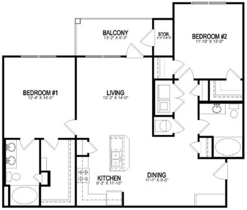 Floor plan for 2 beds, 2 baths, 1159 sqft