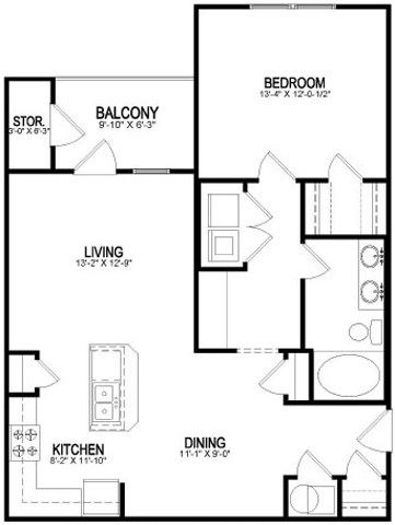 Floor plan for 1 bed, 1 bath, 810 sqft
