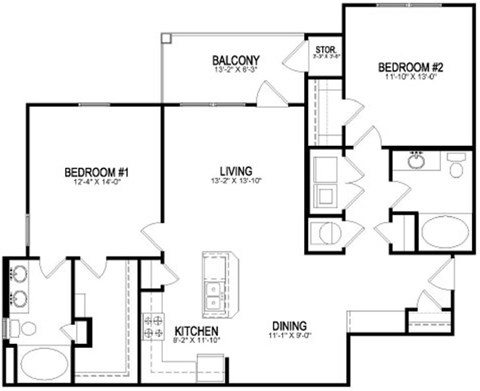 Floor plan for 2 beds, 2 baths, 1147 sqft