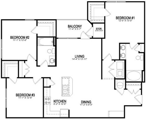Floor plan for 3 beds, 2 baths, 1373 sqft