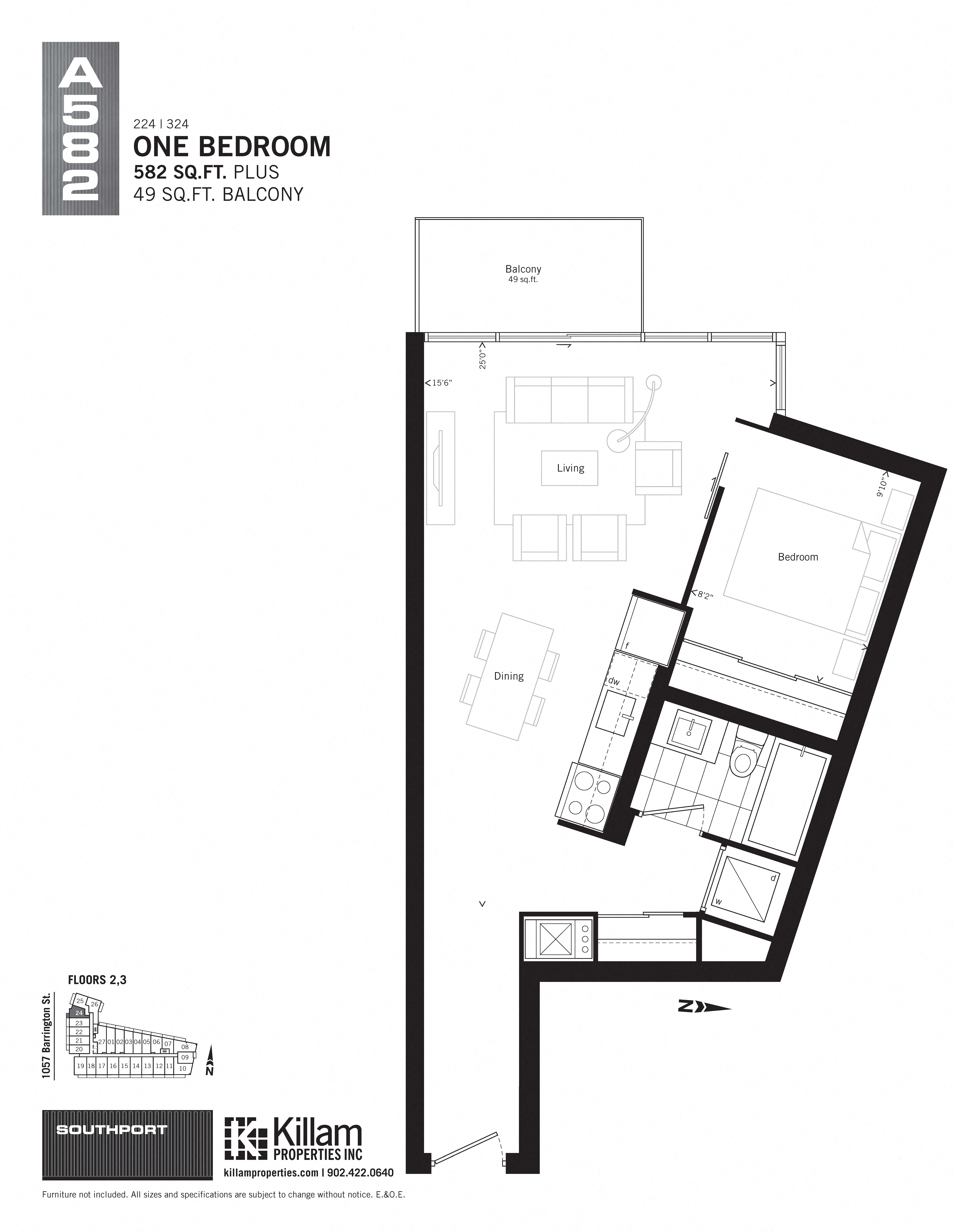 Floor plan for 1 bed, 1 bath, 602 sqft