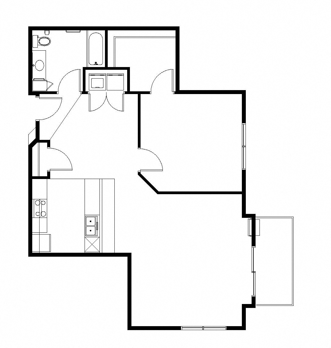 Floor plan for 1 bed, 1 bath, 988 sqft