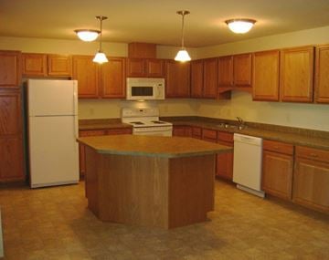 Maple Grove apartment for rent - A kitchen with wooden cabinets and a white refrigerator.