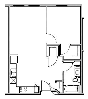 Floor plan for 1 bed, 1 bath, 1070 sqft