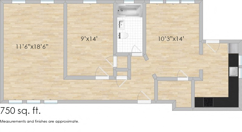 Floor plan for 1 bed, 1 bath, 750 sqft
