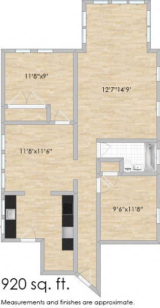 Floor plan for 2 beds, 1 bath, 920 sqft
