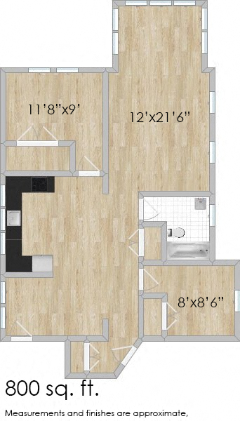 Floor plan for 2 beds, 1 bath, 771 sqft