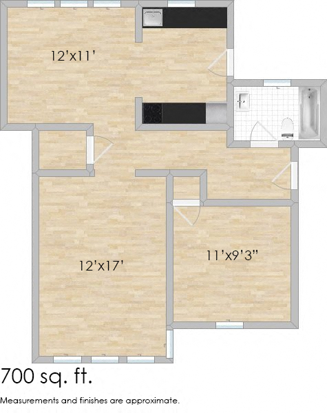 Floor plan for 1 bed, 1 bath, 574 sqft
