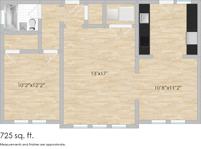 Floor plan for 1 bed, 1 bath, 725 sqft