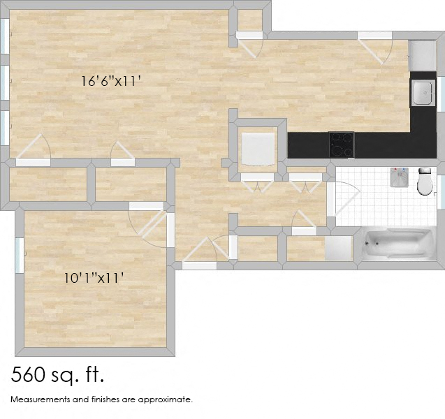 Floor plan for 1 bed, 1 bath, 560 sqft
