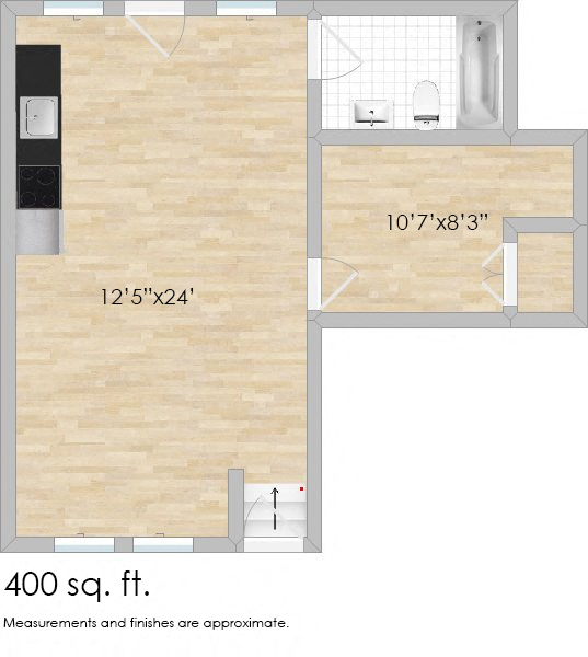 Floor plan for studio, 1 bath, 600 sqft
