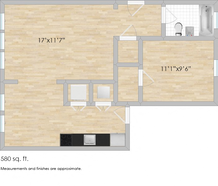Floor plan for 1 bed, 1 bath, 580 sqft