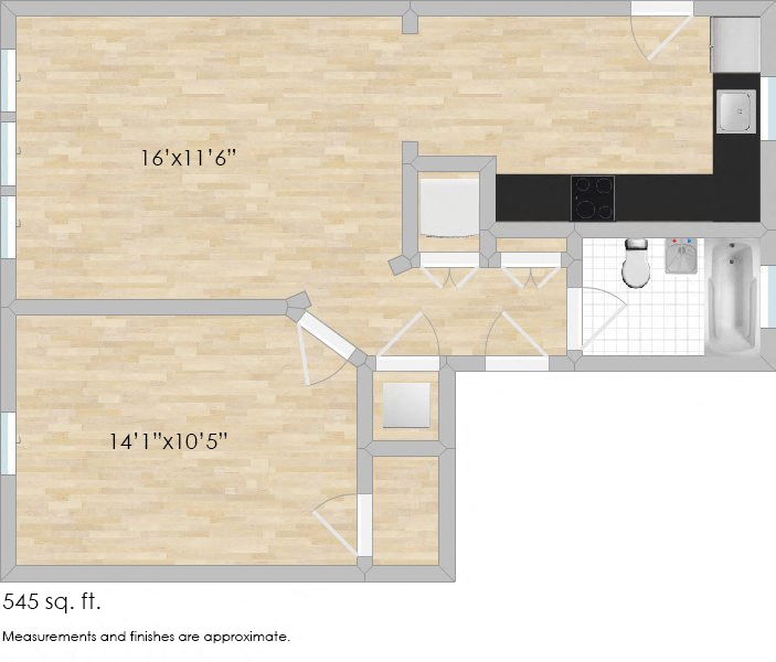 Floor plan for 1 bed, 1 bath, 545 sqft