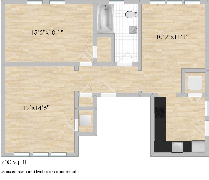Floor plan for 1 bed, 1 bath, 700 sqft