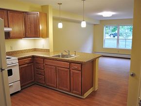 Saco apartment for rent - A kitchen with wooden cabinets and a white oven.