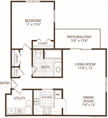 Floor plan for 1 bed, 1 bath, 750 sqft