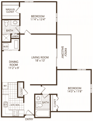 Floor plan for 2 beds, 2 baths, 500 sqft